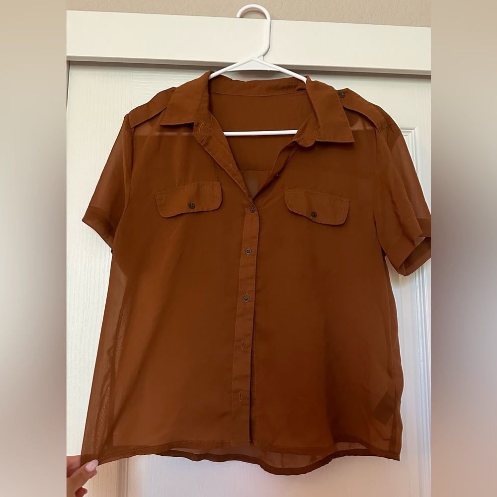 Copper see through short sleeve button down